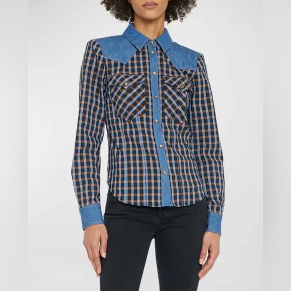 Veronica Beard Reid Western Plaid Snap-Front Shirt - Picture 1 of 10
